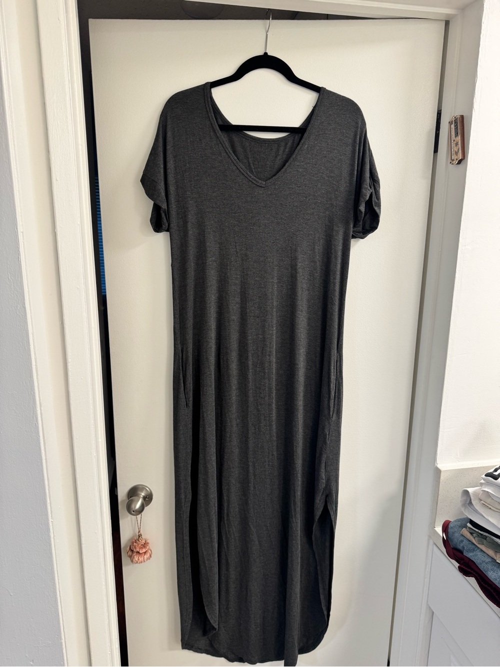 Women's Charcoal V-Neck Maxi Dress - Comfortable Everyday Style
